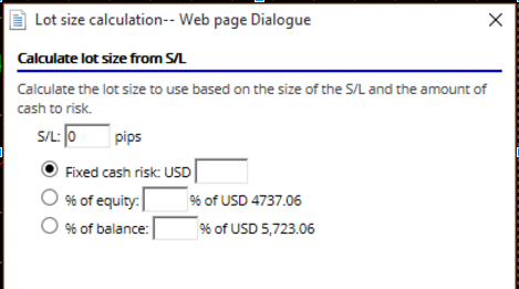 Lot size calculation window