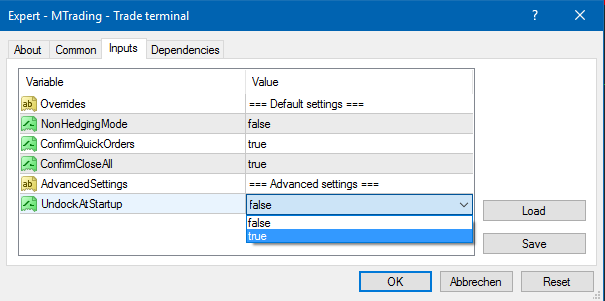 It is possible to display the Trade Terminal in a separate window by undocking it from MetaTrader 4. You can continue to trade while the terminal is undocked from the chart. This is especially useful for users with multiple screens.